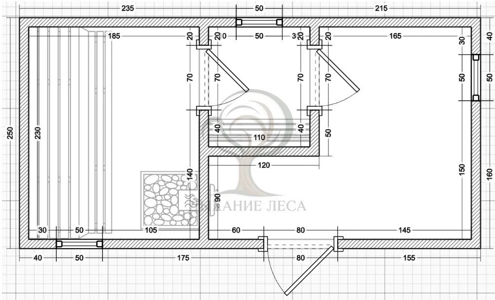 Планировка: Баня 5×2,5 м